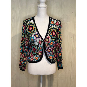Norm Thompson Multicolor Crochet Floral Cardigan - Black Trim